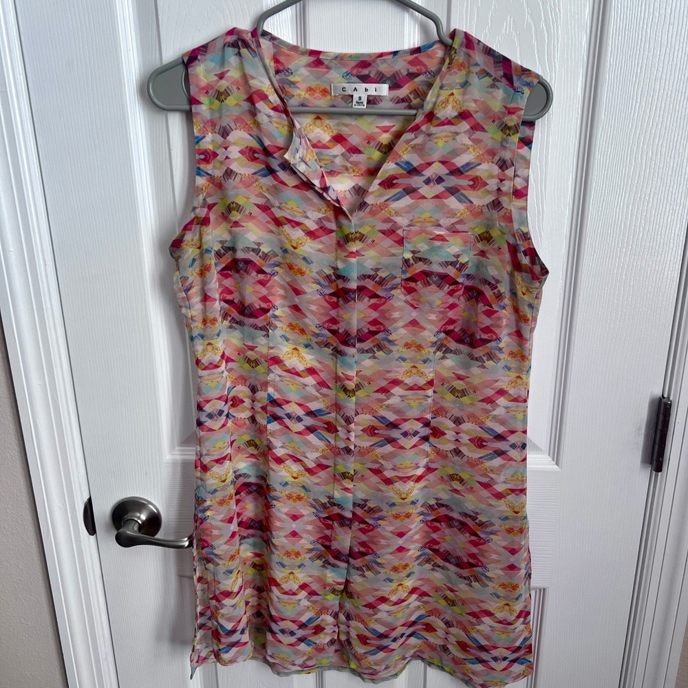 Cabi Womens Geometric Print Sleeveless V Neck Button Front Top Size S